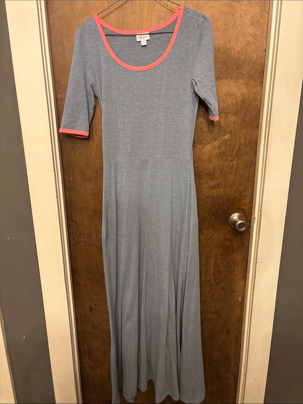 LuLaRoe Amelia Maxi Dress in Heather Blue with Coral Trim
